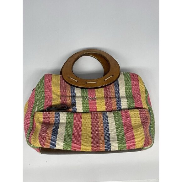 RELIC Wooden Handled Purse Pink, Tan and Orange Stripes Coastal Bohemian Beach - Picture 1 of 5